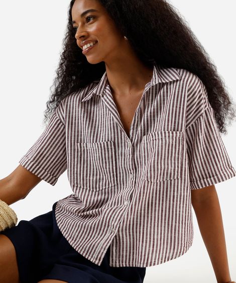 camisa feminina de algodão com bolsos listrada vinho