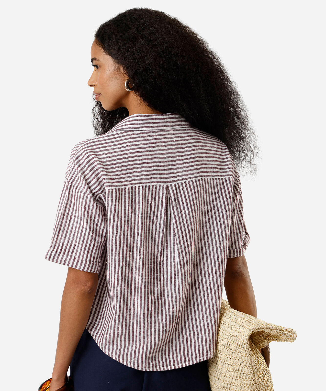 camisa feminina de algodão com bolsos listrada vinho