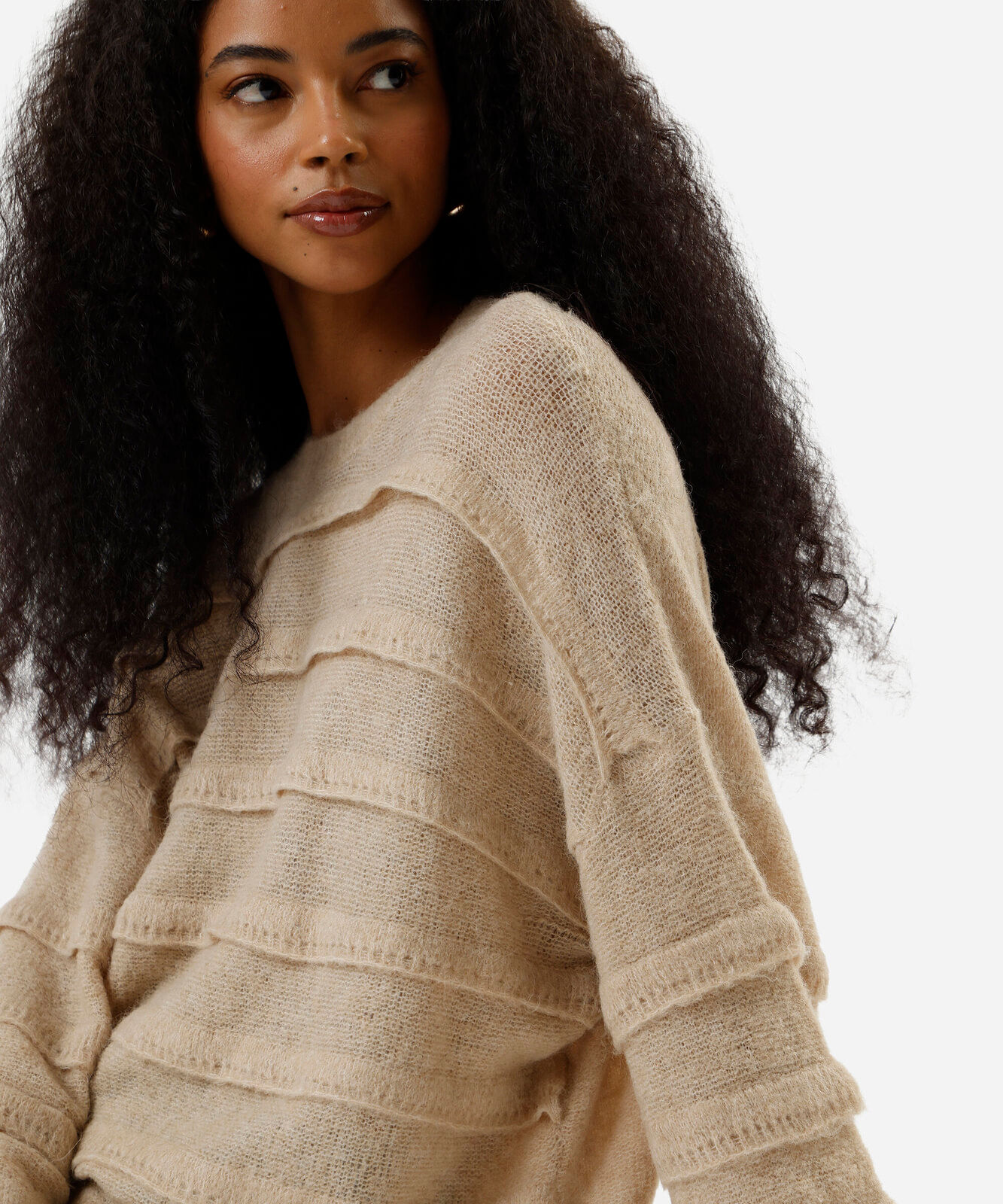 suéter feminino de tricot com babados bege