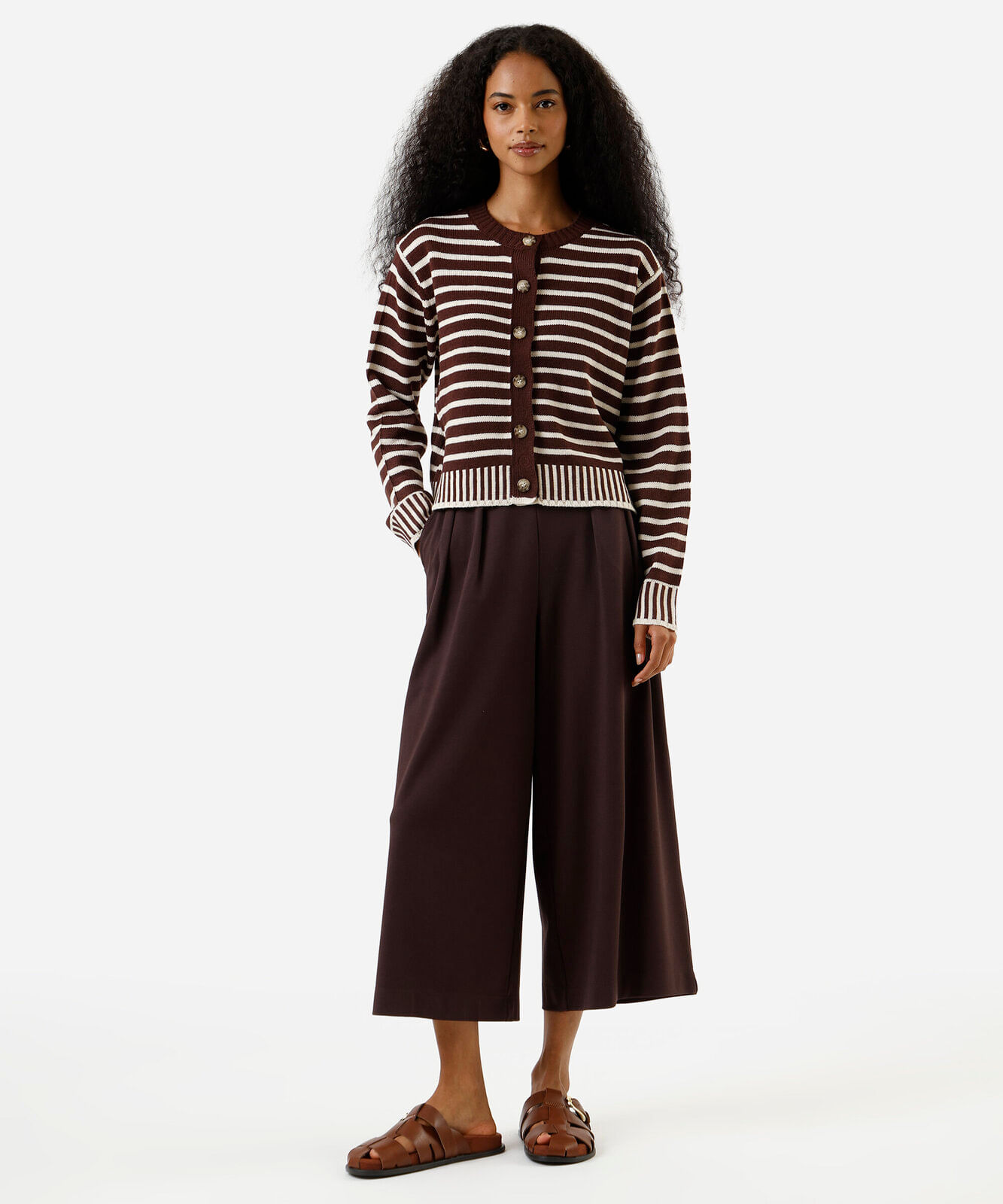 cardigan feminino de tricot listrado marrom