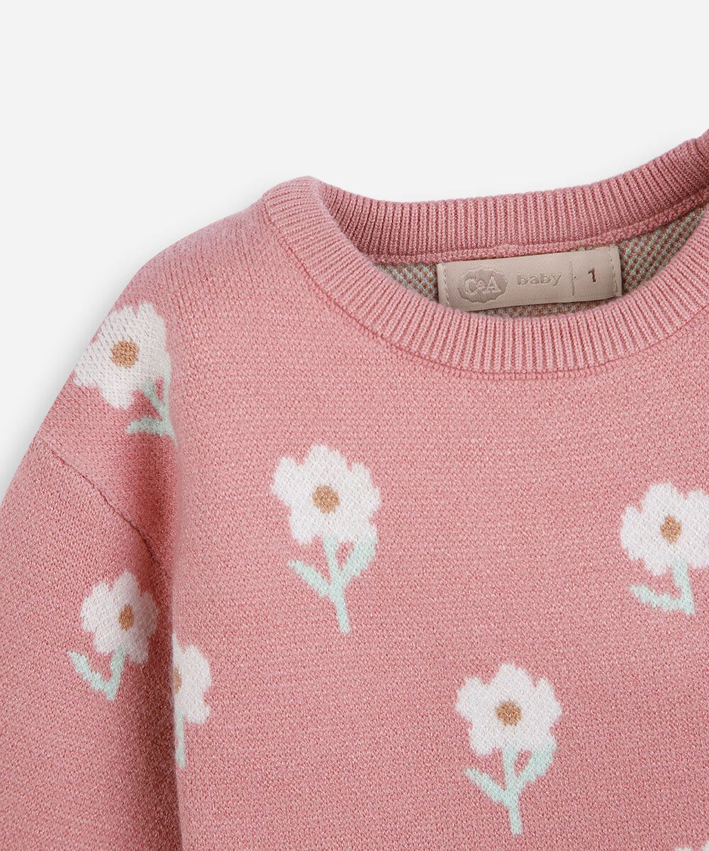 suéter infantil de tricot floral lilás