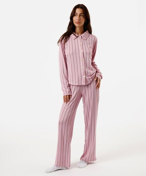 pijama longo feminino listrada rosa
