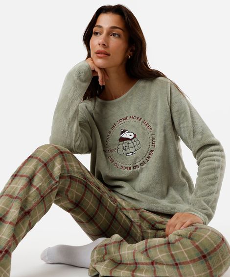 pijama longo feminino fleece snoopy verde