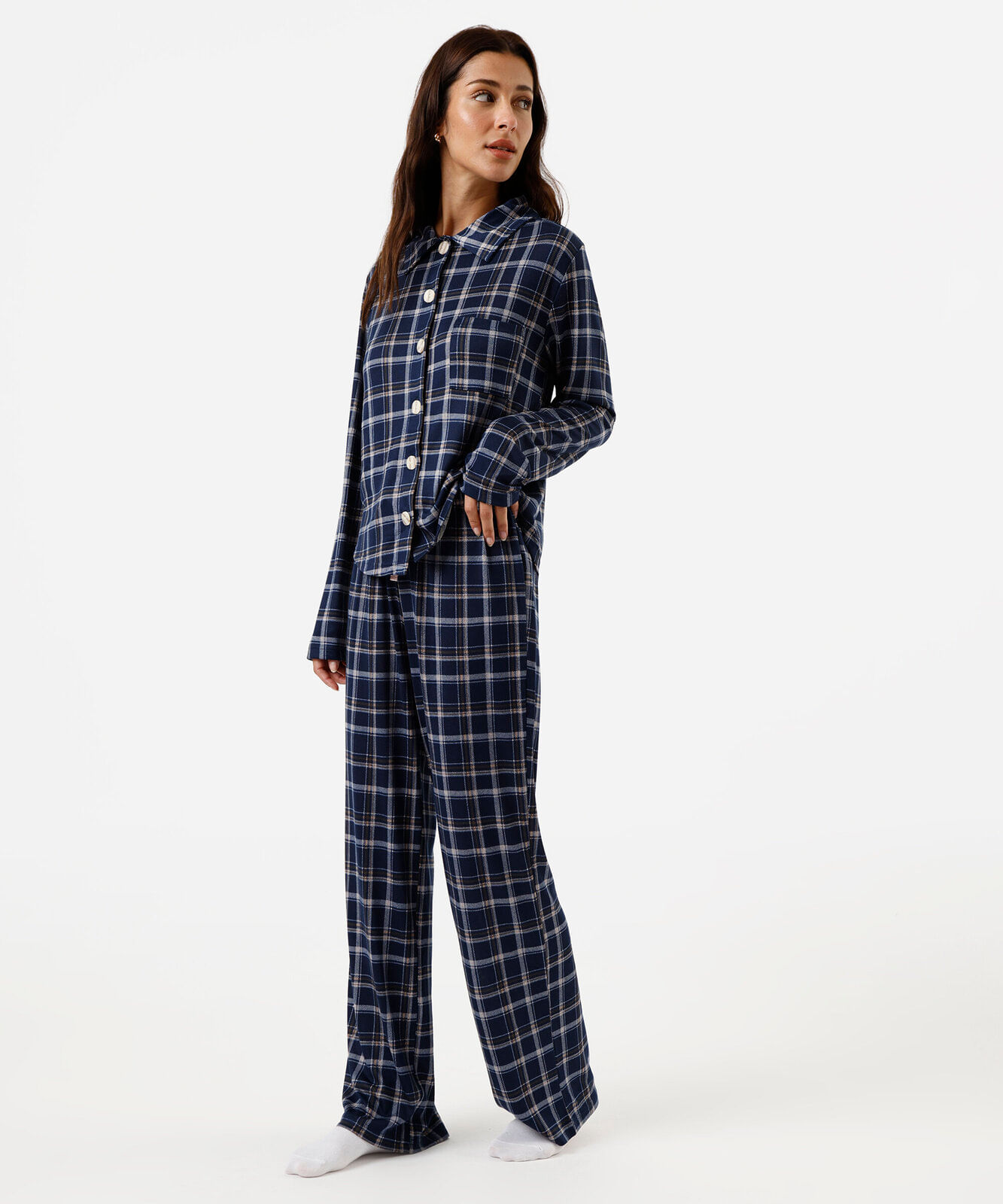 pijama longo feminino xadrez azul