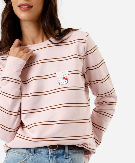 blusão feminino de moletom hello kitty listrado rosa