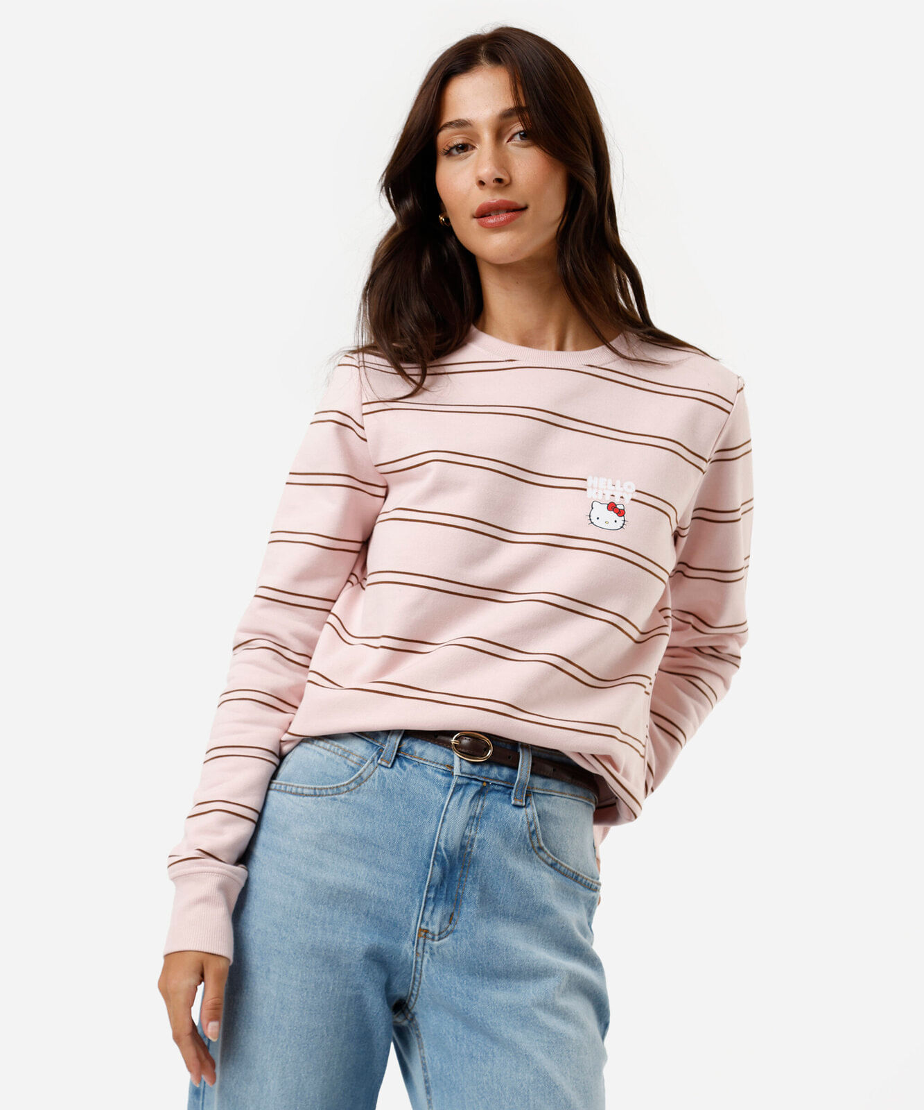 blusão feminino de moletom hello kitty listrado rosa