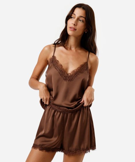 pijama short doll feminino com renda acetinado marrom