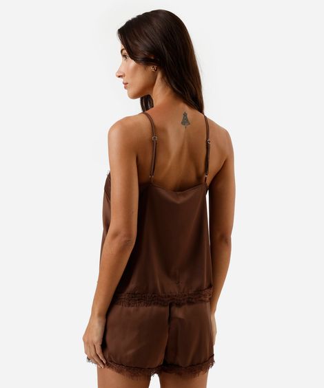 pijama short doll feminino com renda acetinado marrom