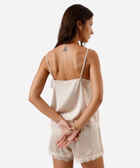 pijama short doll feminino com renda acetinado bege