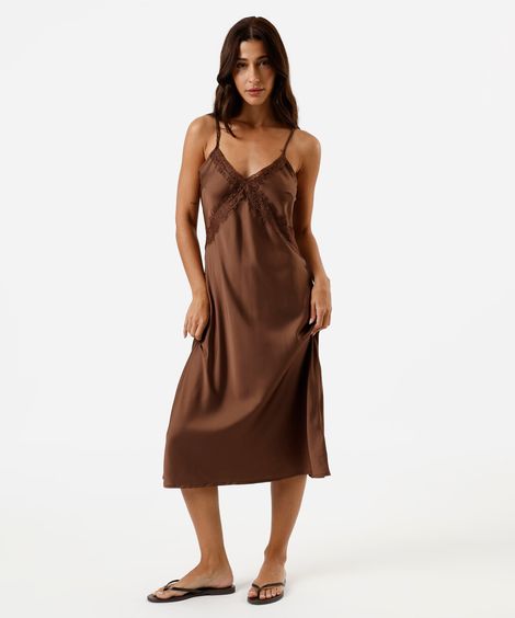 camisola midi alça fina feminina acetinada com renda marrom