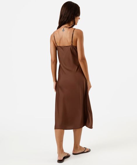 camisola midi alça fina feminina acetinada com renda marrom