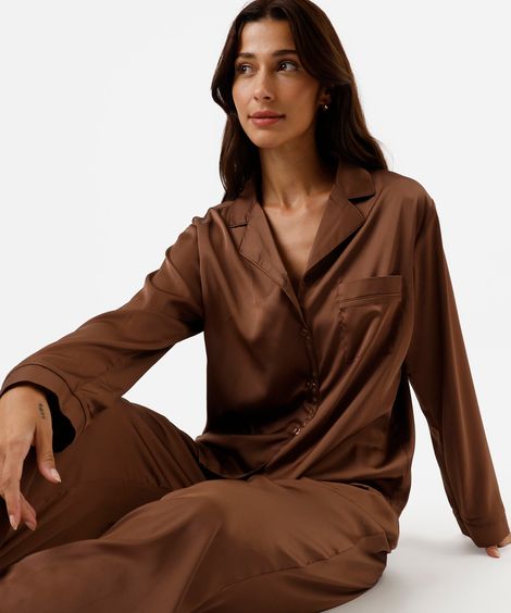 pijama longo americano feminino acetinado marrom