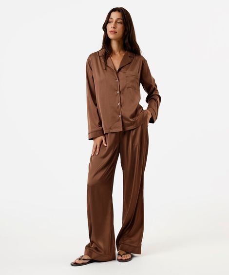 pijama longo americano feminino acetinado marrom