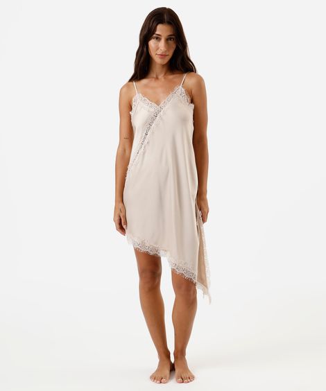 camisola alça fina feminina assimétrica com renda acetinada bege