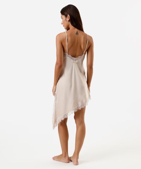 camisola alça fina feminina assimétrica com renda acetinada bege