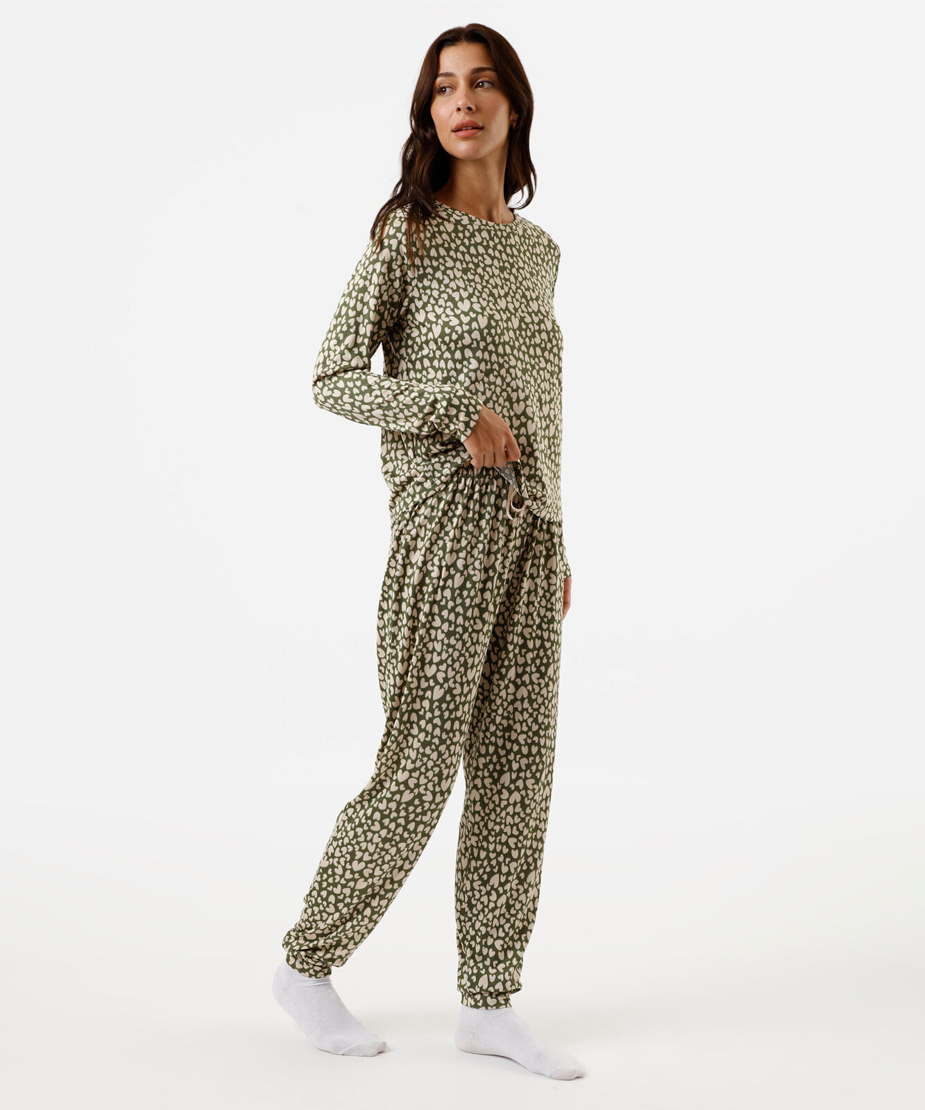 pijama longo feminino corações verde