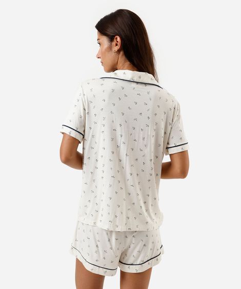 pijama curto americano feminino de viscose  floral off white
