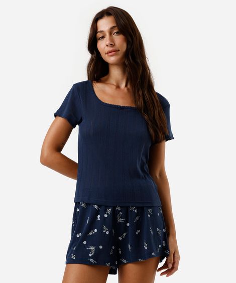 pijama short doll feminino floral azul
