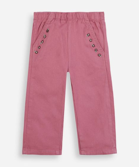 calça clochard infantil de sarja com bordado floral rosa