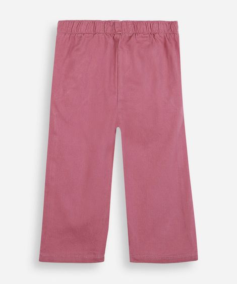 calça clochard infantil de sarja com bordado floral rosa
