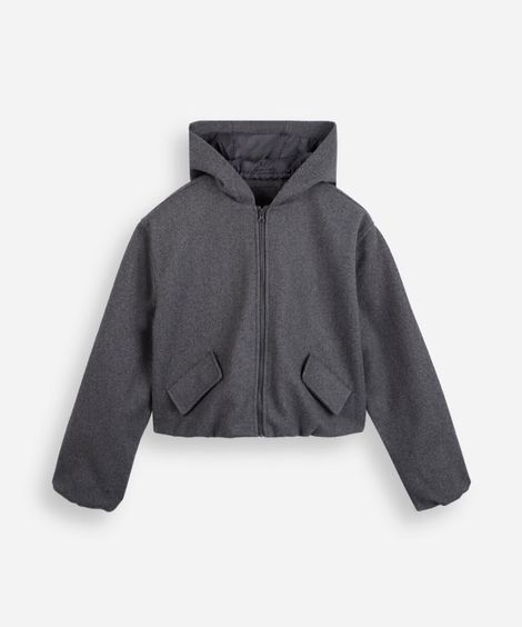 casaco cropped juvenil com capuz cinza