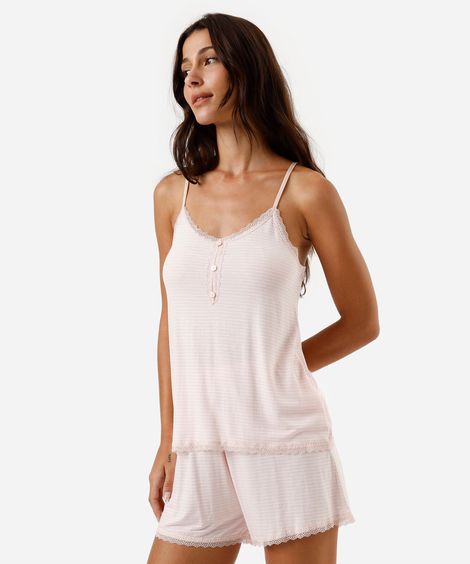 pijama short doll feminino de viscose com renda listrado rosa