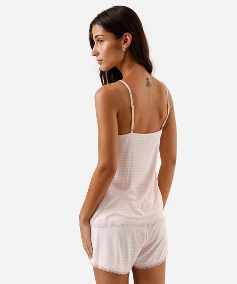 pijama short doll feminino de viscose com renda listrado rosa