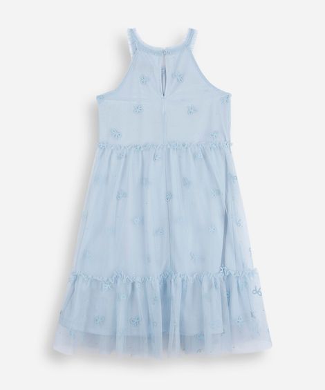 vestido infantil de tule com laços e recortes azul