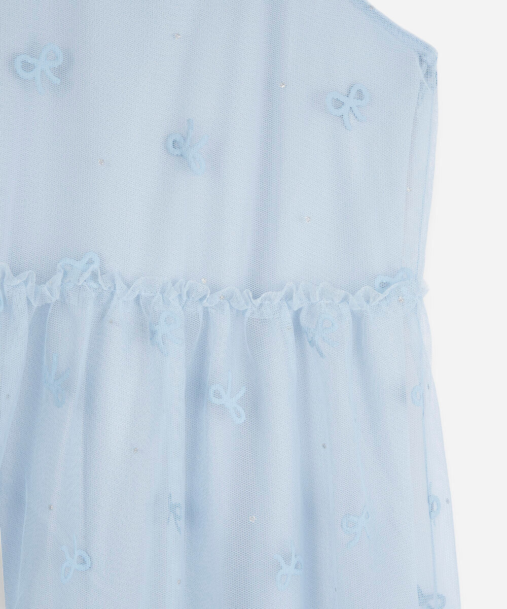 vestido infantil de tule com laços e recortes azul
