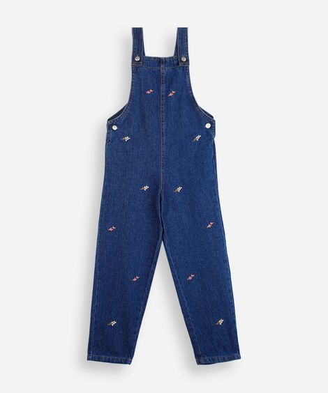 jardineira infantil jeans com bordados florais azul