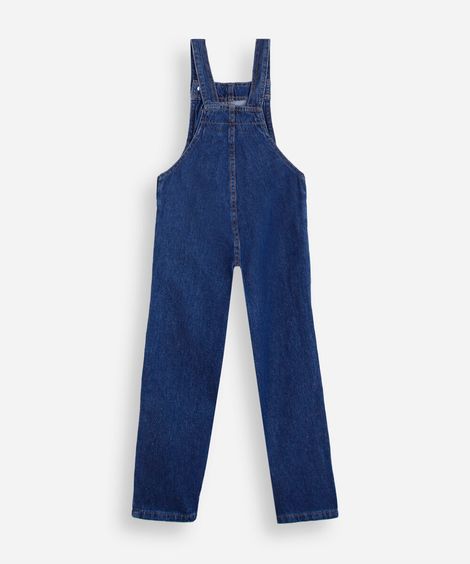 jardineira infantil jeans com bordados florais azul
