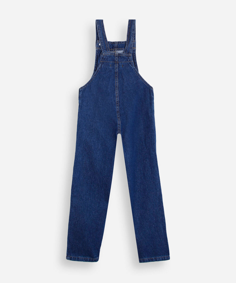 jardineira infantil jeans com bordados florais azul