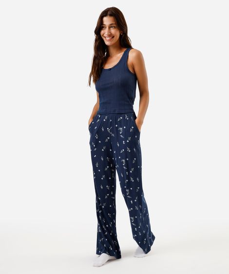 pijama longo feminino floral azul