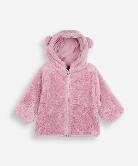 casaco infantil de pelúcia com capuz rosa