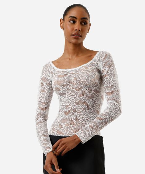 body feminino de renda ombro a ombro manga longa  floral off white