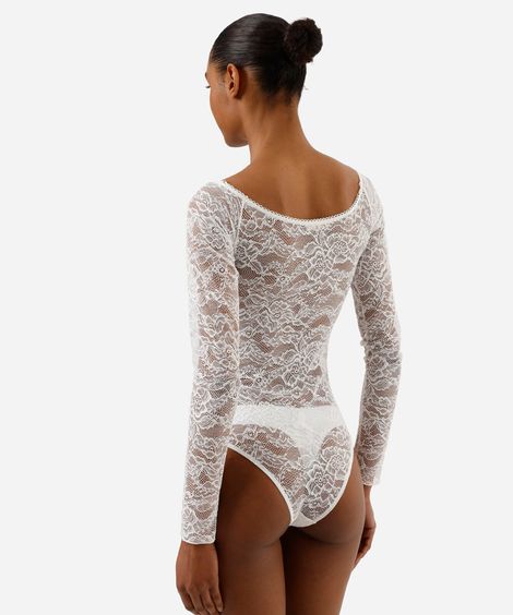 body feminino de renda ombro a ombro manga longa  floral off white