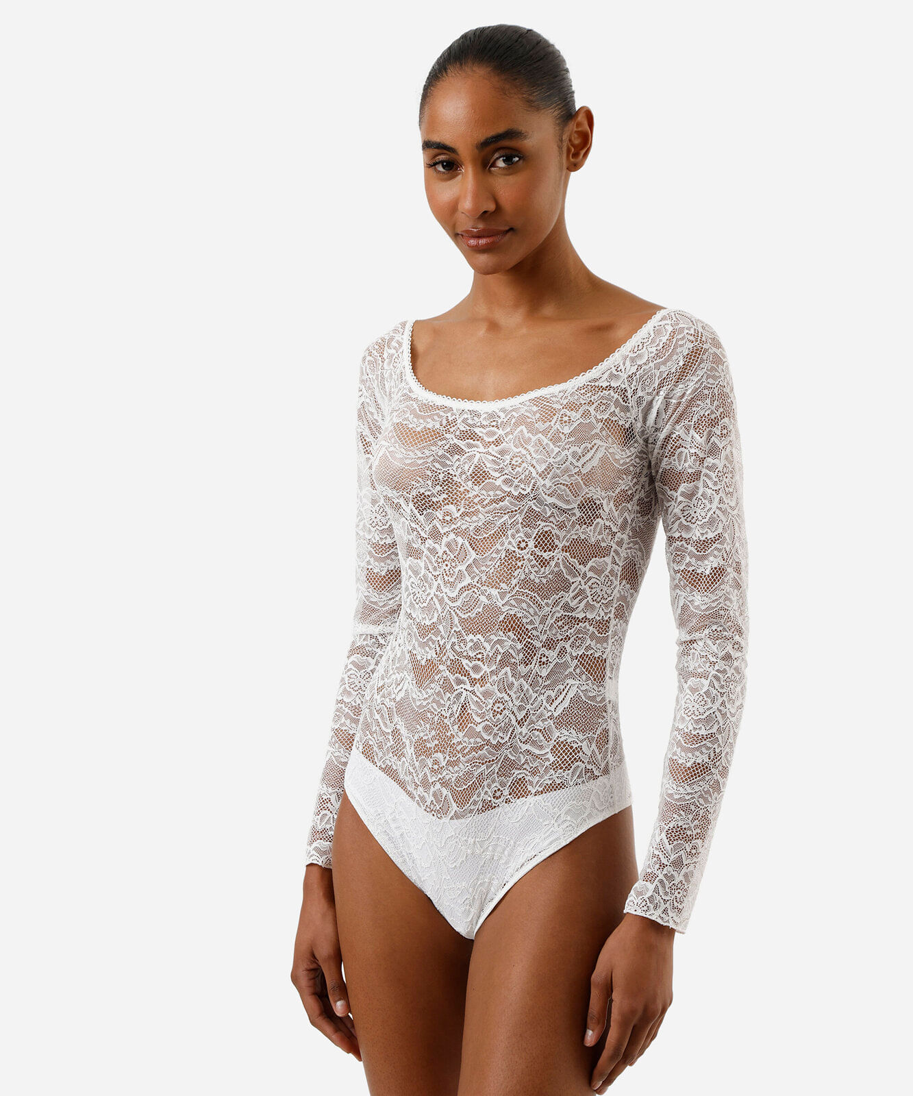 body feminino de renda ombro a ombro manga longa  floral off white