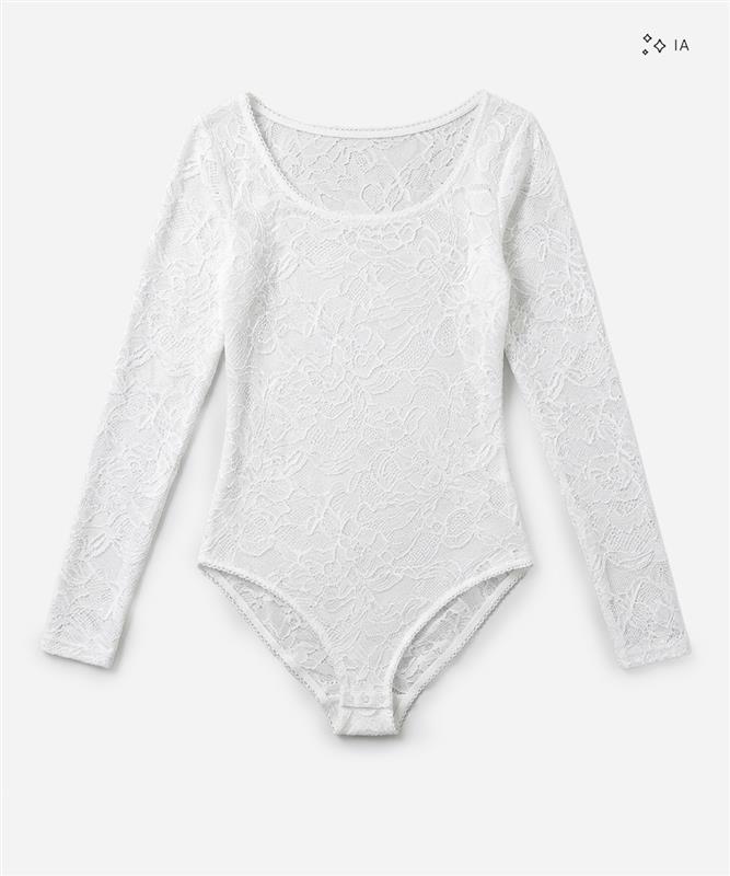 body feminino de renda ombro a ombro manga longa  floral off white