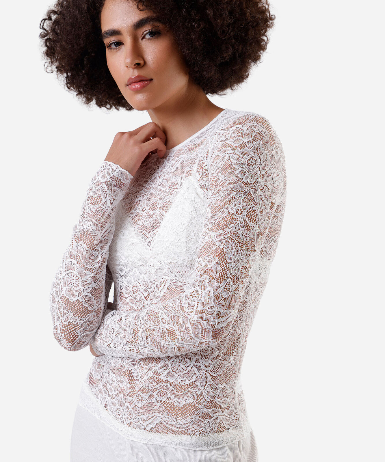 blusa segunda pele feminina de renda manga longa floral off white