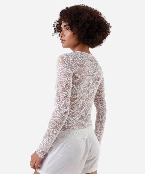 blusa segunda pele feminina de renda manga longa floral off white