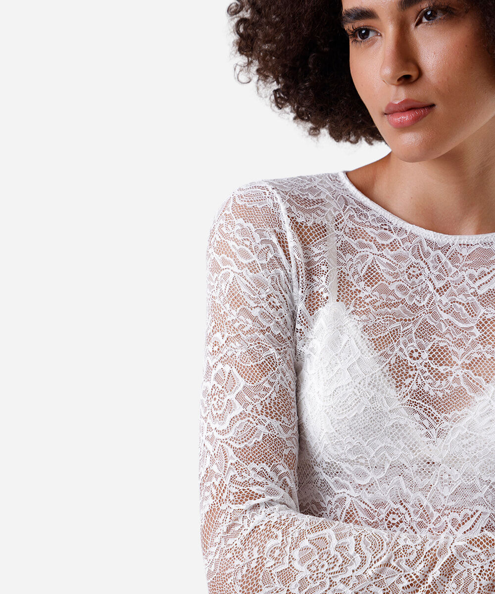 blusa segunda pele feminina de renda manga longa floral off white