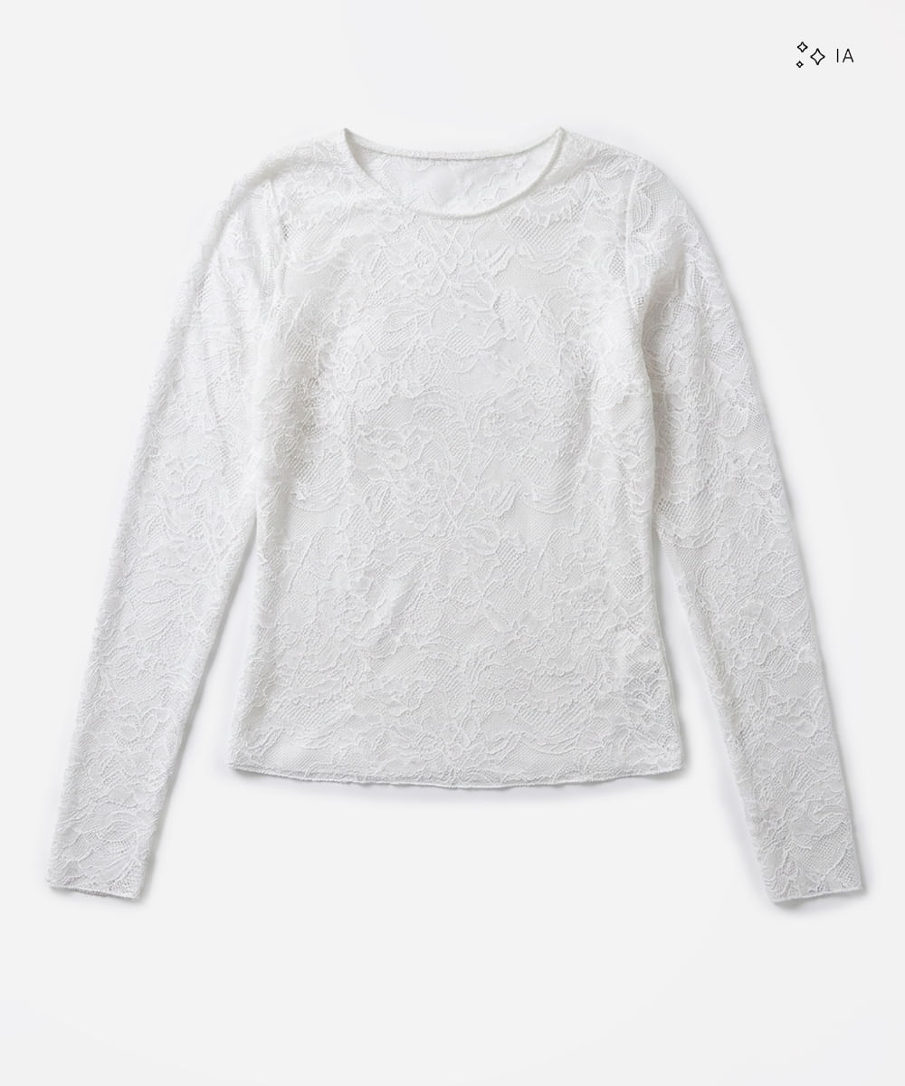 blusa segunda pele feminina de renda manga longa floral off white