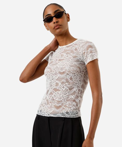 blusa feminina de renda manga curta off white