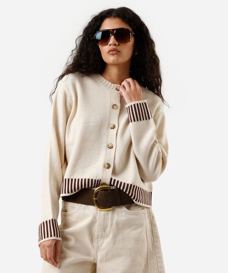 cardigan feminino de tricot listrado bege