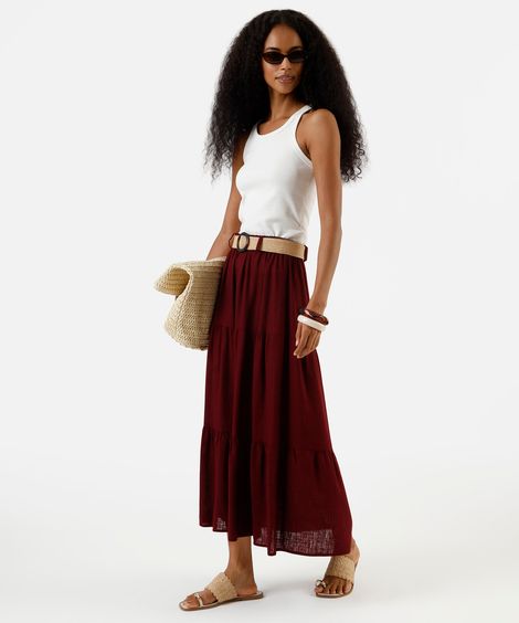 saia feminina midi marias com cinto vinho