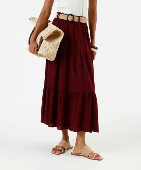 saia feminina midi marias com cinto vinho