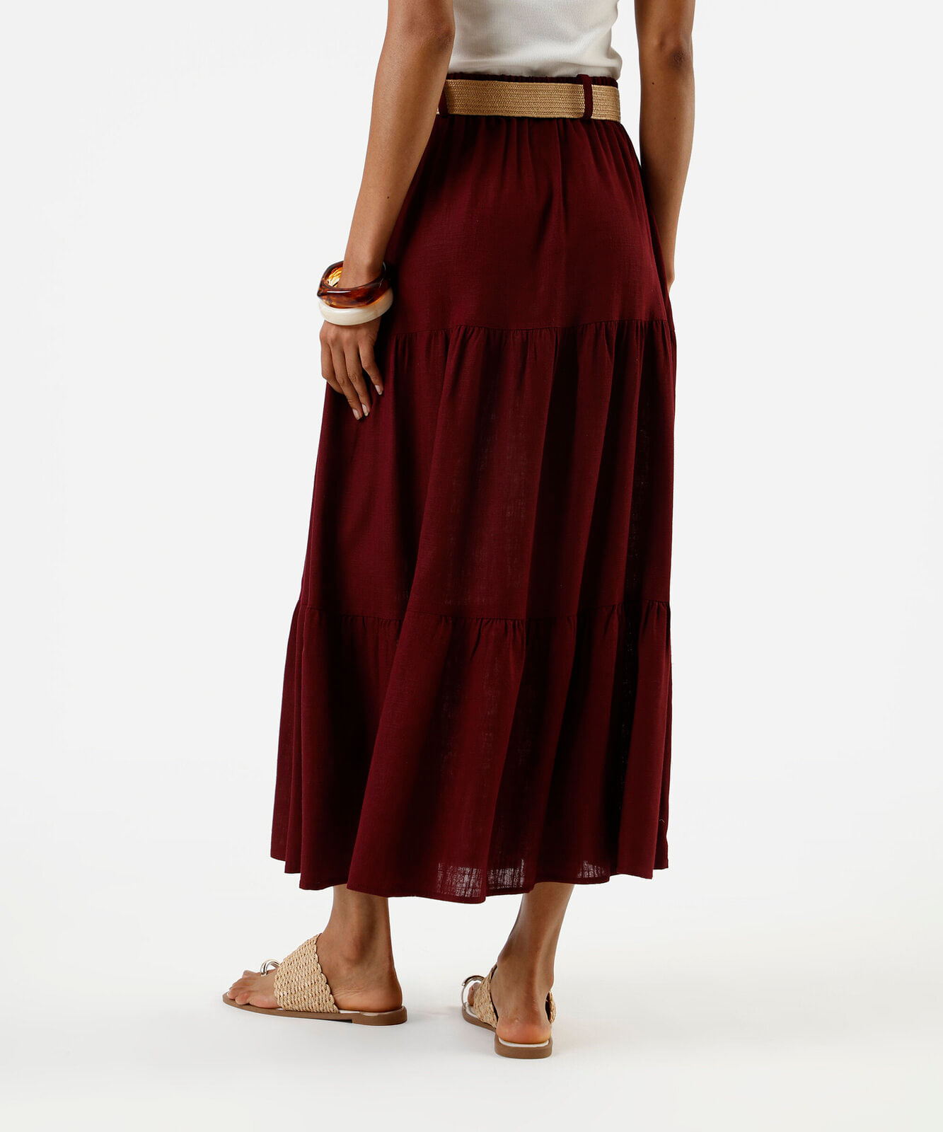 saia feminina midi marias com cinto vinho