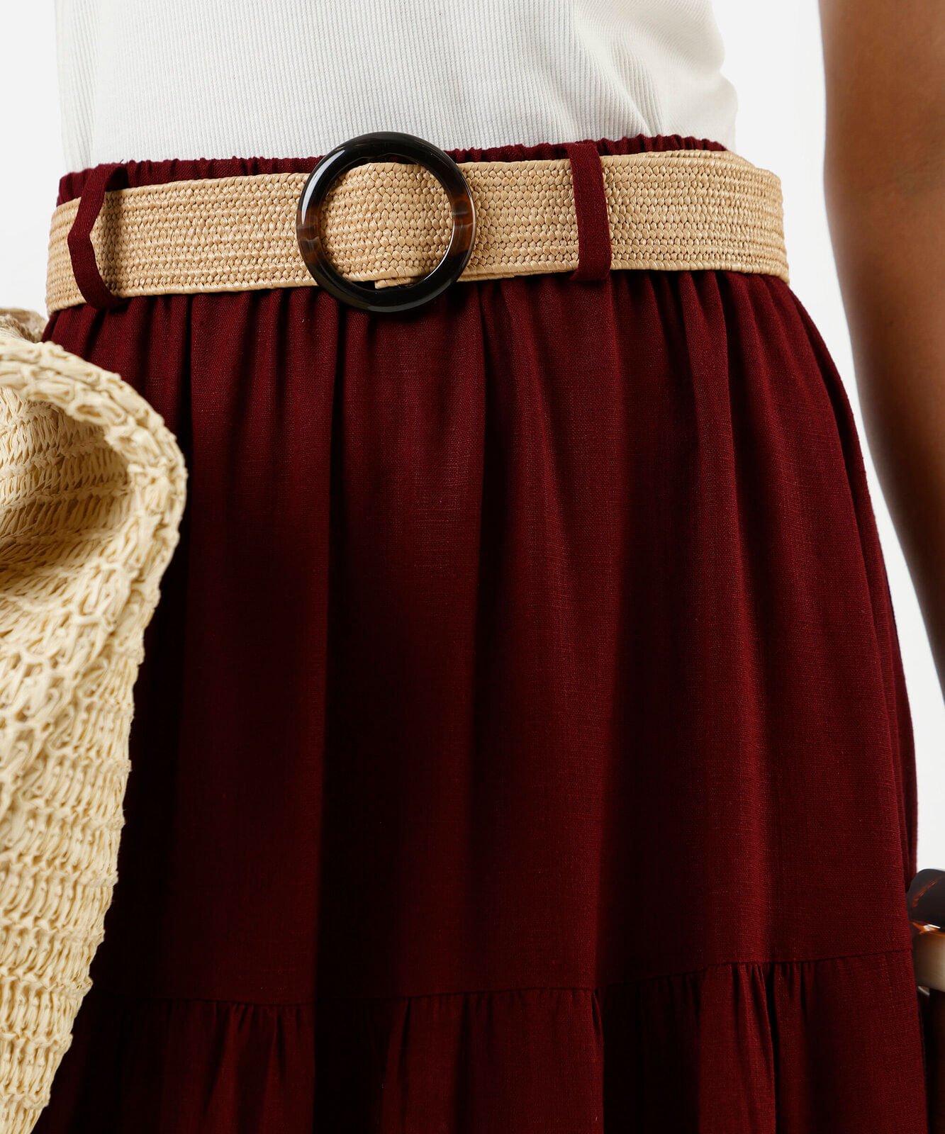 saia feminina midi marias com cinto vinho