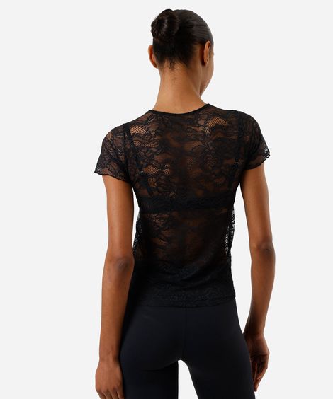 blusa feminina de renda manga curta preta