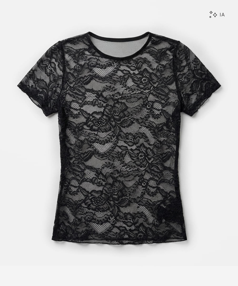 blusa feminina de renda manga curta preta
